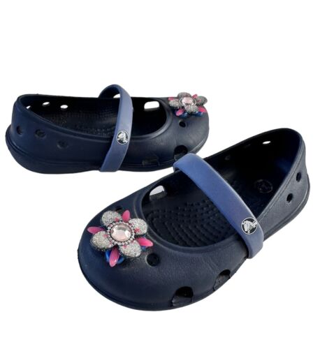 Crocs KEELEY SPRINGTIME Mary Jane Flats Navy Blue Size C 7 flower floral - Picture 1 of 13