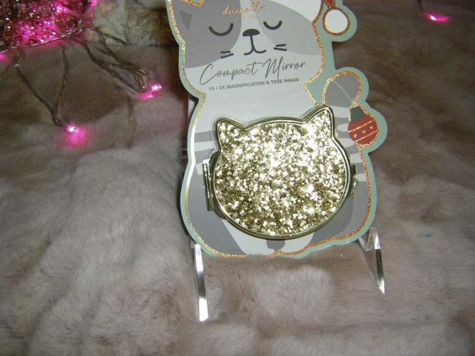 Gold Glitter Kitty Face Foldable Compact Mirror Two/Side  New Packaged - Image 4 of 4