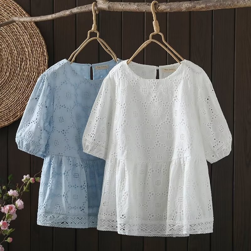 Nueva Camisa Japonesa Retro Informal Suelta Cuello Redondo Calado Jacquard Muñeca Cuello