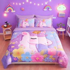 ZUEXVOFY Twin Comforter Set 5 Piece Purple Unicorn Bedding Set for Girls