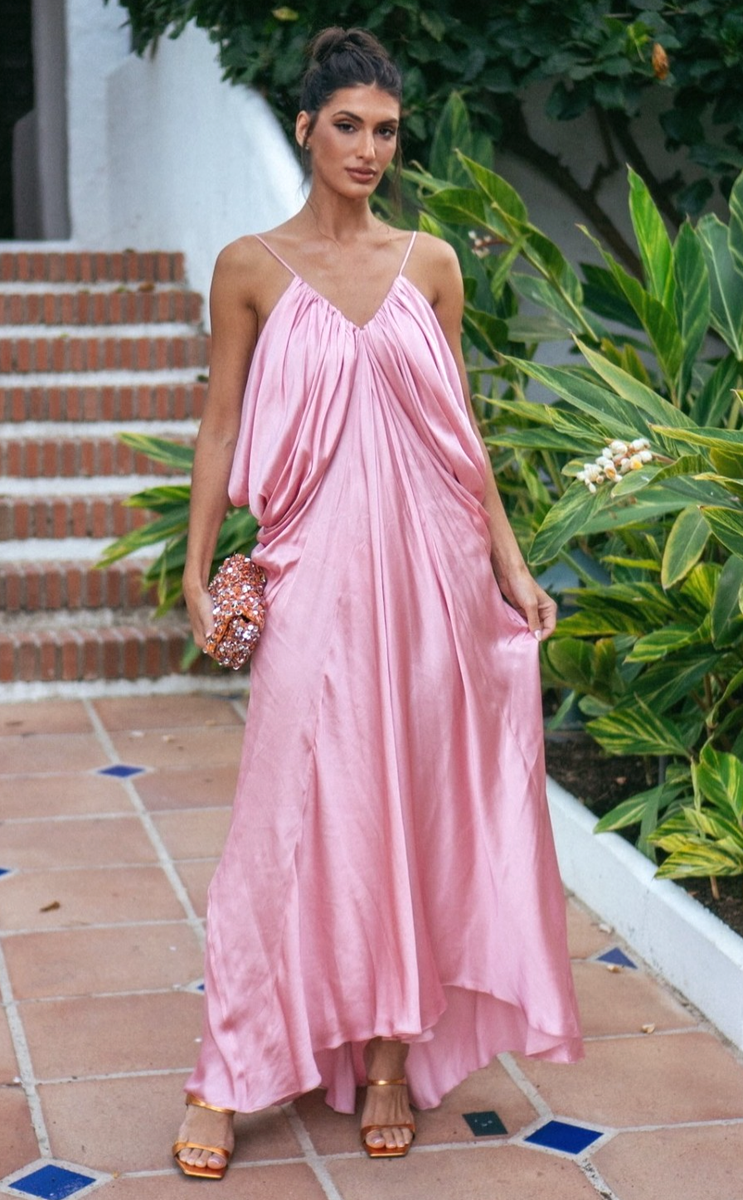 Zara ZW Collection Long Satin Volume V-Neck Dress Pink Size M L