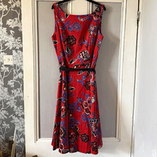 Women’s Red Floral A-Line Knee Length Dress Sleeveless Scoop Neck Belted