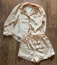 Vintage 80s 90s Victoria s Secret Gold Label Peach Satin Pajama Set Shorts Top S