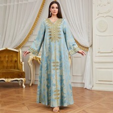 Dubai Women V Neck Long Sleeve Kaftan Gold Embroidery Maxi Dress Party Abaya