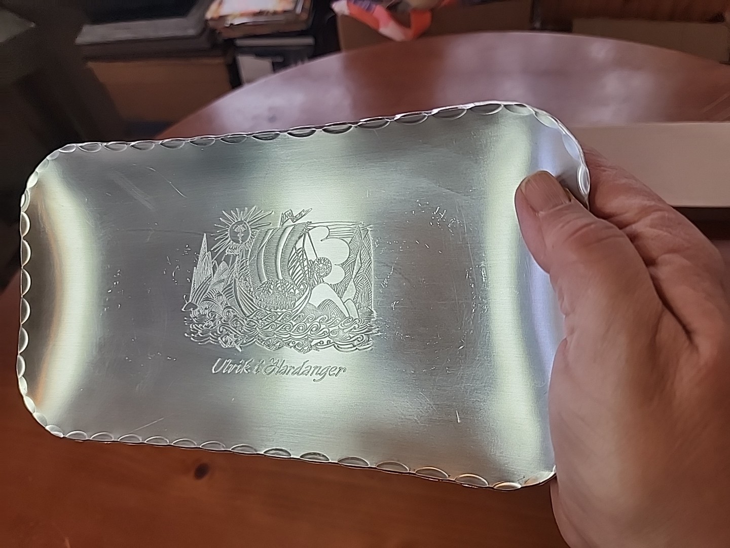 Vtg Ulvik i  Hardanger Norwegian  Pewter Viking Folk Art Tray 9.25" x 5"