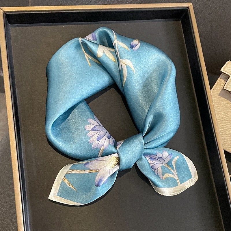 100% Silk Scarf Women Vintage Blue Flower Kerchief Small Square Bandana 53*53cm