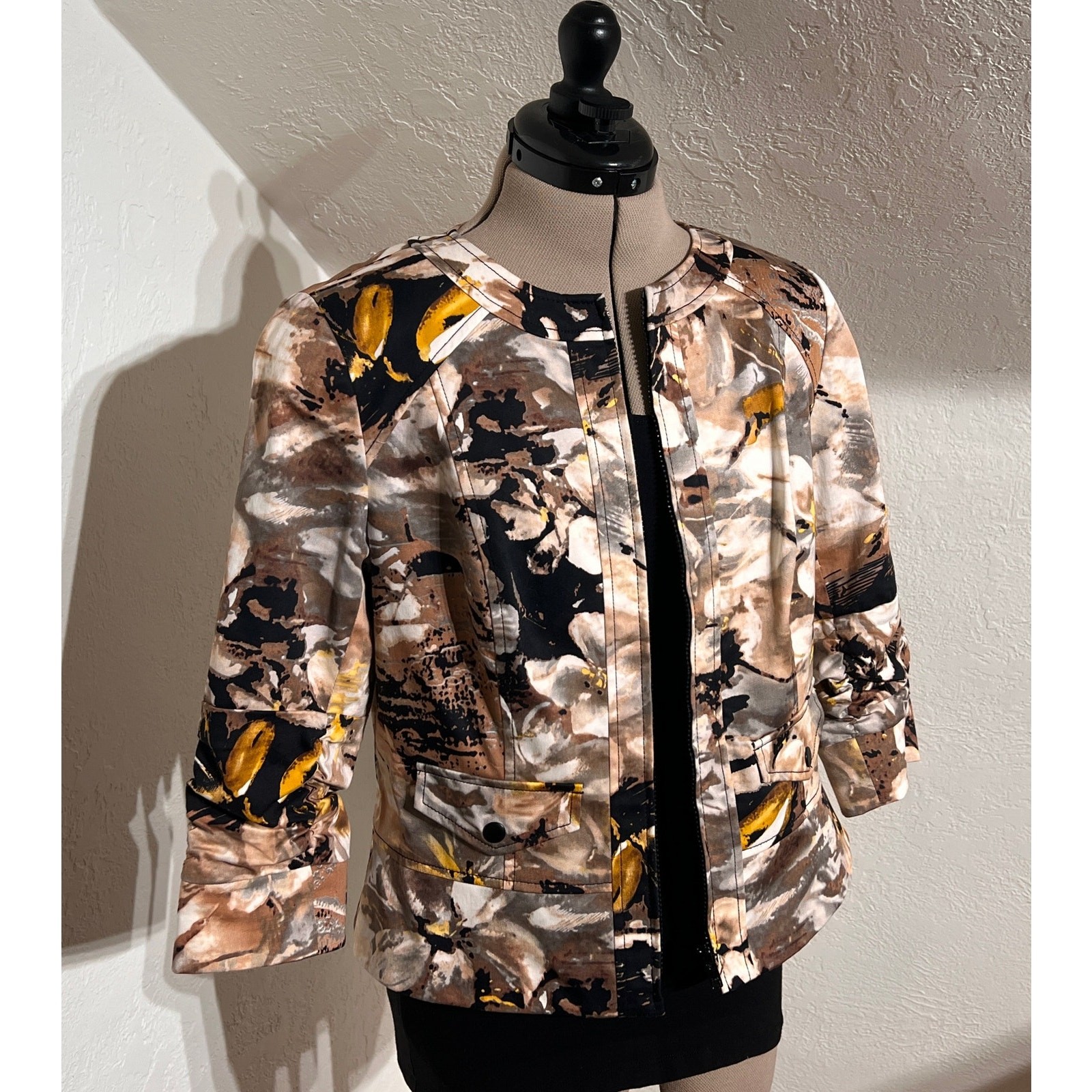 Coldwater Creek Jacket Petite 12 Abstract Floral Zip Front 3/4 Sleeve Lined
