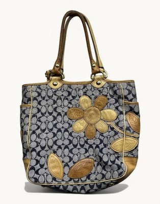 Vintage Women's Coach Bleeker Denim Floral Leather Tote Purse