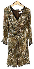 Vintage EmmaSomerset Silk Animal Print Dress Ruched Lace Trim Beaded Y2K Size 12