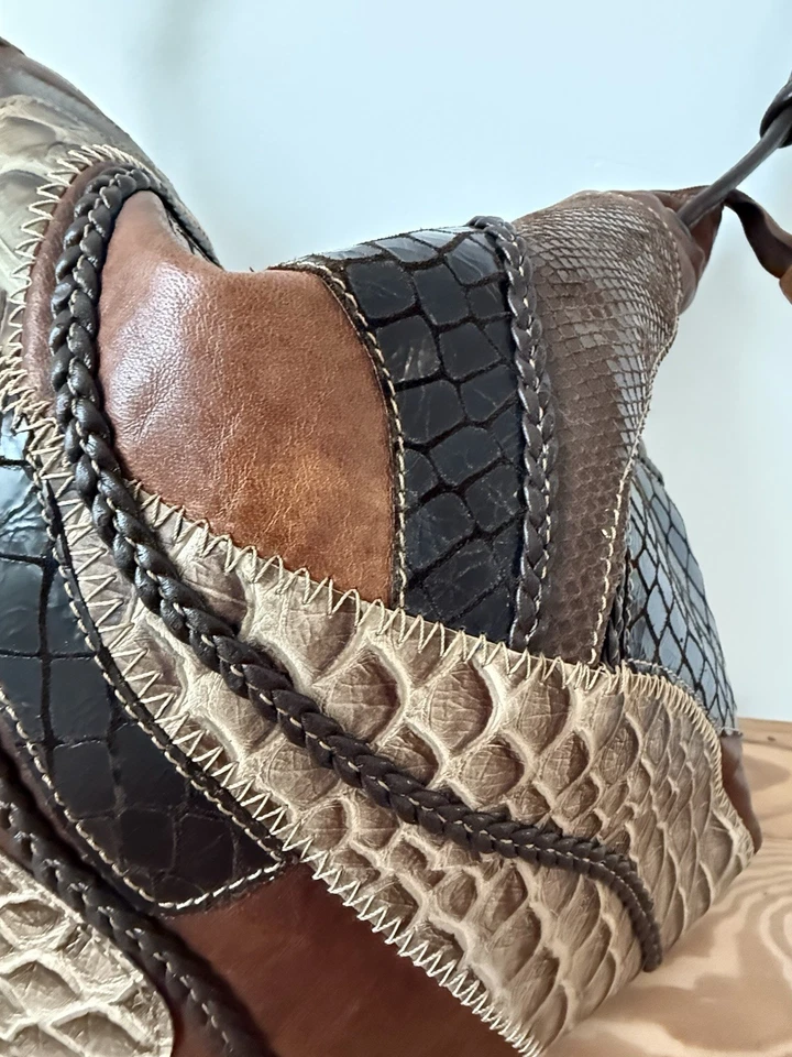 ✿ Bolso de Hombro Hobo Braccialini Italia Cuero Genuino Retazos Marrón Boho Foto 3 de 4