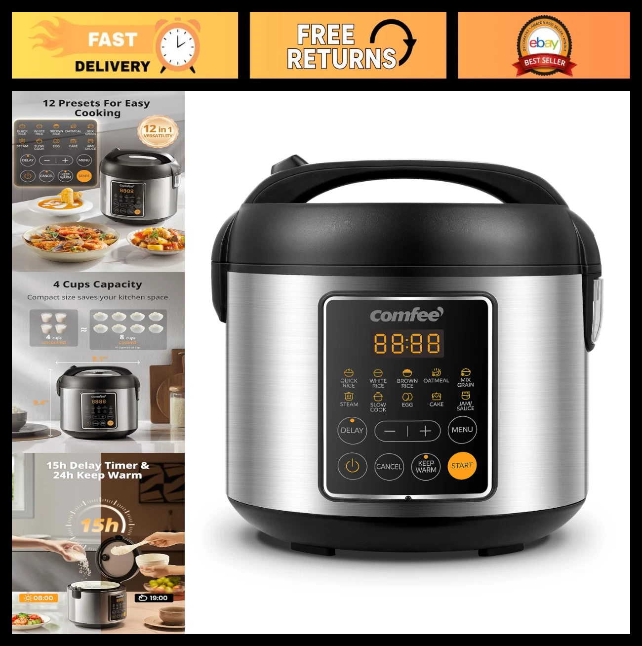 4-Cup Rice Cooker & Steamer, 8-Cup Capacity, 2 Qt Multi-Cooker, 10 Presets, Non-