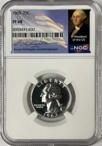 1963 NGC PF68 90% Silver Proof Washington Quarter 25c New Signature Label