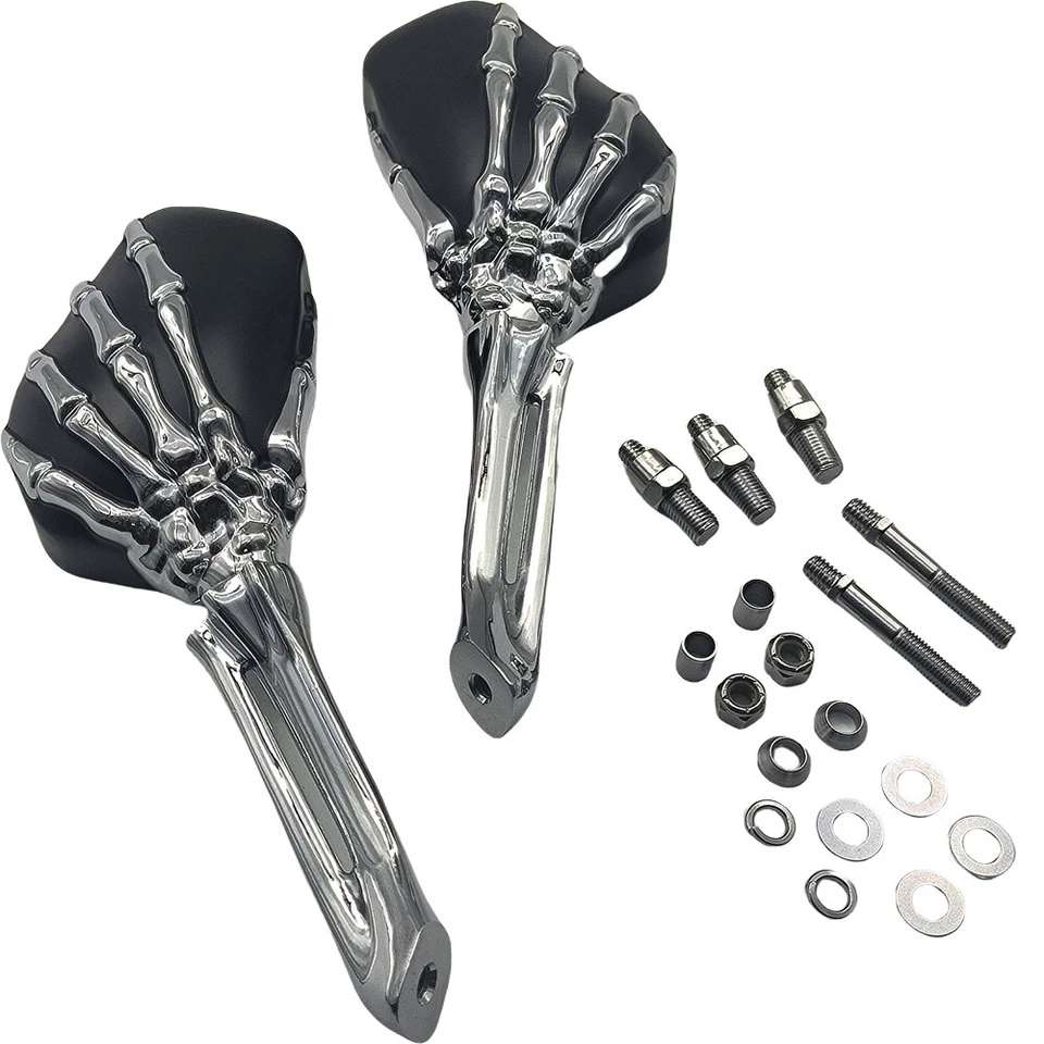 Espejos retrovisores esqueleto calavera cromados negros para Harley Dyna Softail Sportster Touring Foto 3 de 4
