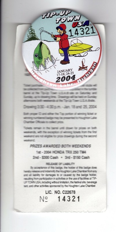 2004 TIP UP TOWN BADGE PIN PINBACK- MICHIGAN DNR DEER BEAR FISHING PATCH LICENSE