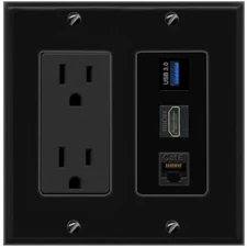 [3 Ports] CAT6 HD USB-3 Black Wall Plate with 15A Power Outlet