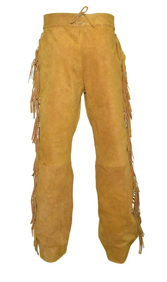 Men Native American Western Buckskin Ragged Leather Suede Pants Mountain Man - Image 3 of 4