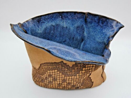 Studio Art Clay Pottery Textured Snakeskin Denim Blue Planter Holder Vase SIGNED