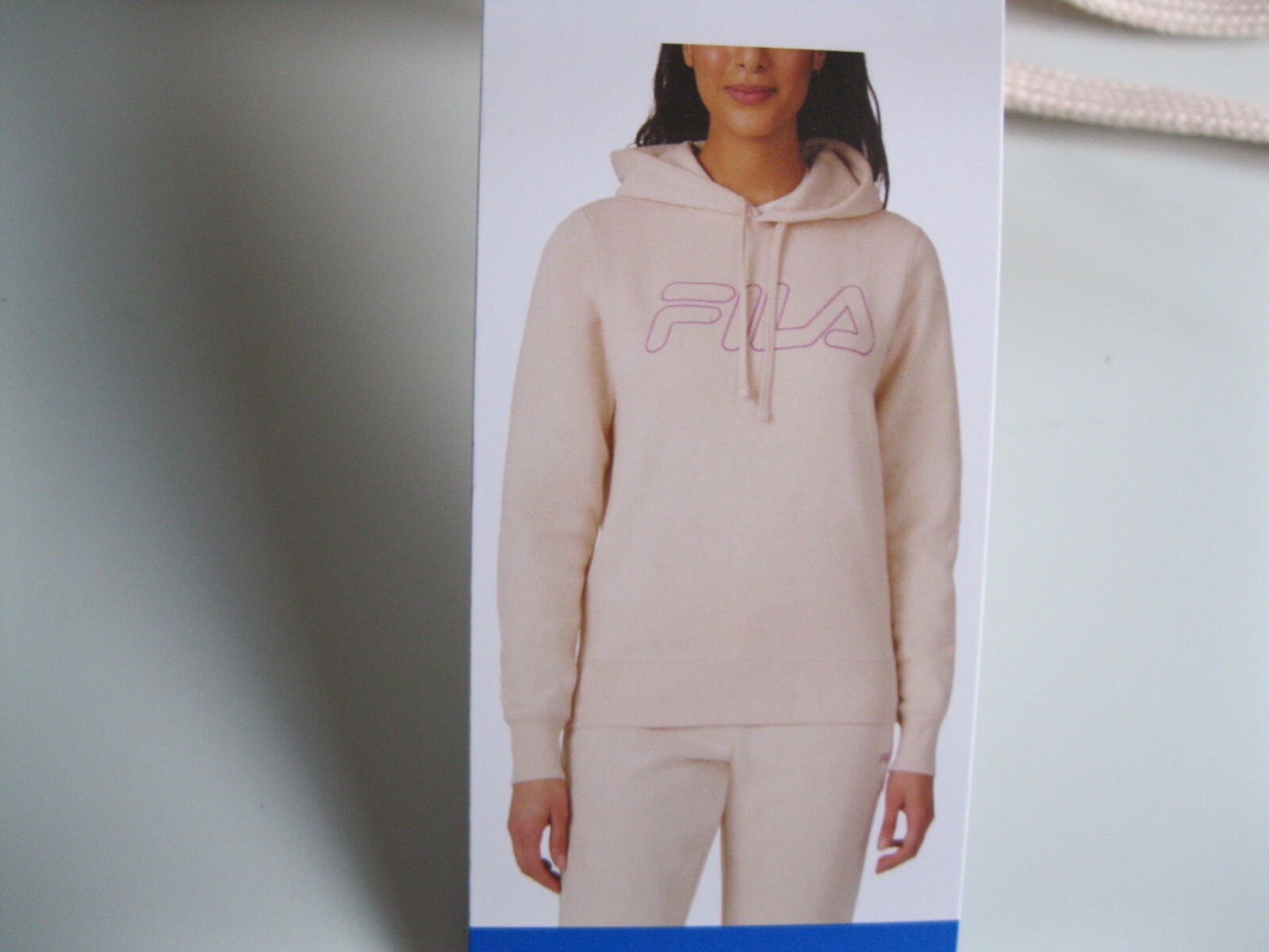 NUOVO FILA maglione donna peso medio pile logo felpa con cappuccio panna taglia large
