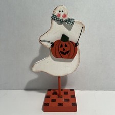 Primitive Country Halloween Wooden Ghost on Stand Holding Pumpkin Figurine 8"