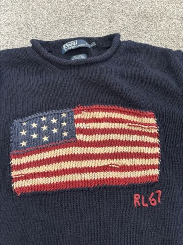 Vintage Polo Ralph Lauren American Flag Knit Sweater Navy Blue Cotton Men's S - Picture 4 of 6