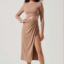 ASTR The Label Westwood Cutout Maxi Dress Long Sleeve Ruched Side Slit Taupe XL