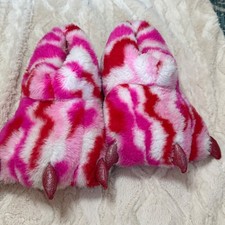 Wonder Nation Kids Pink White Red Tie Dye Faux Fur Paw Slippers Size 2-3