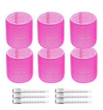 6-Piece Self-Grip Hair Rollers Set with Metal Clips, Heat-Free Curlers, Pink