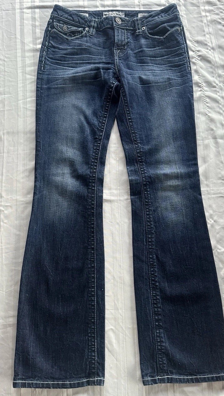 MEK DENIM Women's Slim Bootcut Jeans Dark Blue Embroidered Stretch Pockets