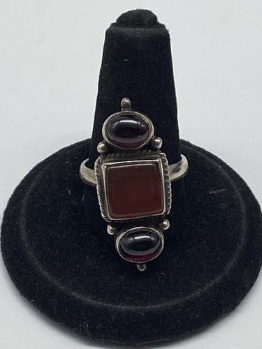 Anello in argento sterling corniola e corda di granato deco taglia 7 7,6 g