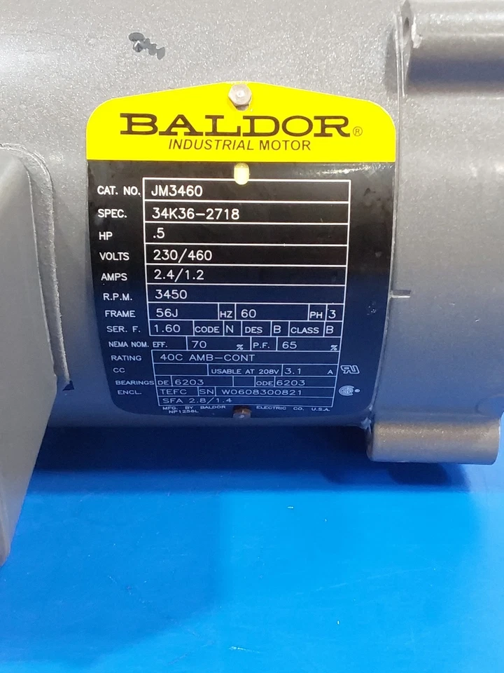 Baldor JM3460 Electric Motor 3ph 1/2hp 208-230/460V 60hz 3450rpm 56J 34K36-2718 - Image 2 of 4