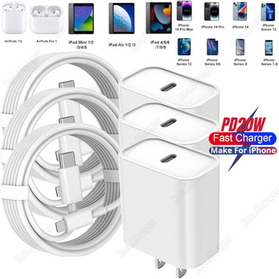 20W Fast Charger PD Cable USB-C Power Adapter For iPhone 14 13 12 11 Pro XS X XR