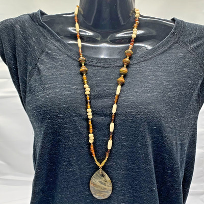 Buffalo Bone Glass Beads Cherry Quartz Pendant Necklace 24'' Earrings Asymmetric