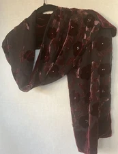 Nina Ricci Paris Silk Burnout Velvet Scarf Burgundy Rectangular Floral to Solid