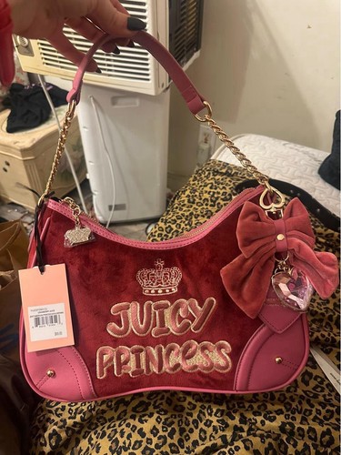 Y2K Juicy Couture Red Pink Logo Princess Shoulder Bag Gold Hardware Zip Lined