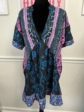 Bohemian Style Floral Patchwork V-Neck Dress with Short Sleeves size L