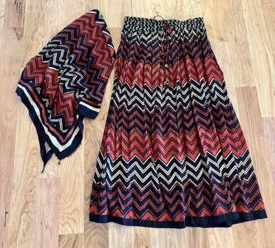 Anokhi for Taraliya Artsy Boho Peasant Skirt & Large Scarf Black Rust Print OS
