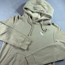 Abercrombie Fitch Hoodie Womens XS Tan Excellent Sherpa Lined Moose Logo
