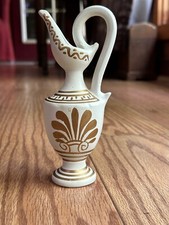 HAND MADE GREEK POTTERY PITCHER VASE HAND PAINTED 6 1/2" TALL GOLD AND WHITE
