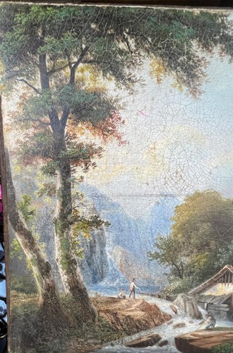 Antique Old French Landscape Oil Painting Germain Postelle House River People - Picture 2 of 12