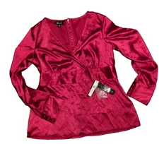 AB Studio Red 3/4 Sleeve Blouse LARGE L Zip back pinup satin romantic love sexy