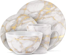 & Co. - Gold Marble Plates and Bowls Sets, Modern Kitchen 16-Piece Dinnerware Se