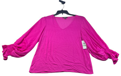 Prelude Blouse Womens size Large Pink Fuchsia Vneck Smocked Cuff Long Sleeve