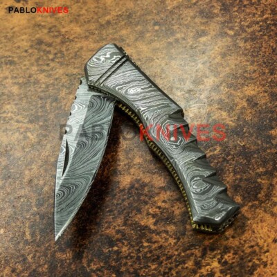 RARE HAND FORGED  DAMASCUS HUNTING FOLDING POCKET KNIFE FILE WORKED SLIM TRAPER