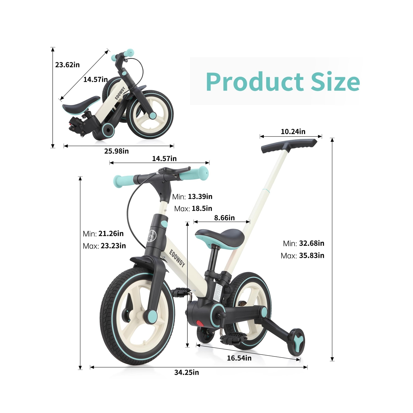 Balance Bike with Push Handle for Kids 1-3 Years, 6 in 1 Foldable Push Bike w...