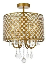 Chandelier Flush Mount Crystal Ceiling Light Brass Bathroom Bedroom Fixture