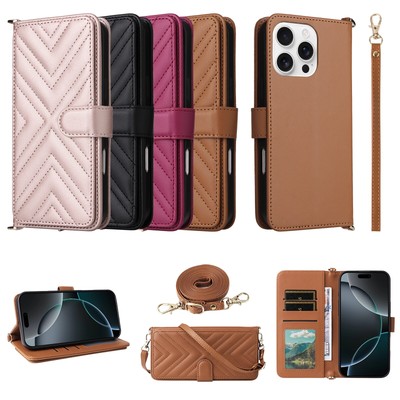 For iPhone 16 Pro Max 15 Flip Magnetic Wallet Case Shoulder Strap RFID Blocking