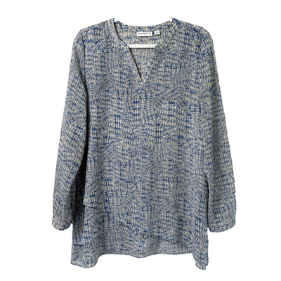Susan Graver Tunic Top Womens 10 Blue Gray Abstract Tiered Semi Sheer V Neck