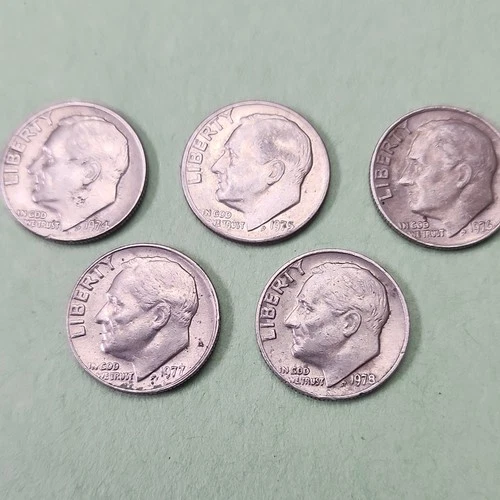 Roosevelt Dime lot of 5- 1974 1975 1976 1977 1978 rare no mint mark circulated
