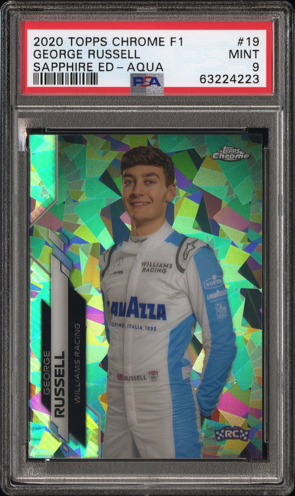 2020 TOPPS CHROME FORMULA 1 SAPPHIRE ED AQUA #19 GEORGE RUSSELL #/99 PSA 9