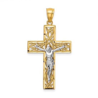 14K Bicolor Gold Satin Poliert Diamantschliff Kruzifix mit Ranken Anhänger 2,13gm